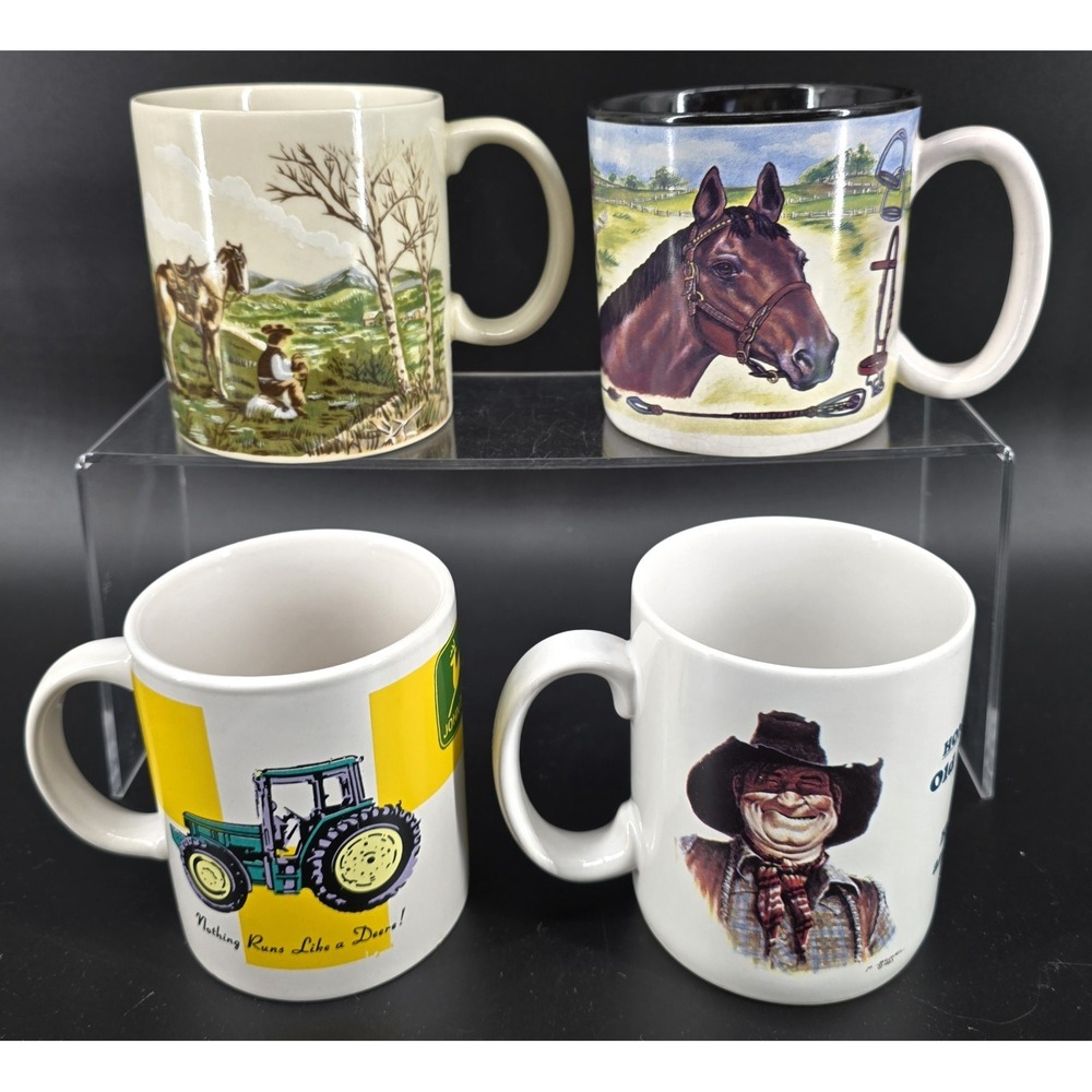 Lot of 4 Vtg Western Coffee Mugs 1980s-1990s Cowboy Tractor Horse Dad John Deere